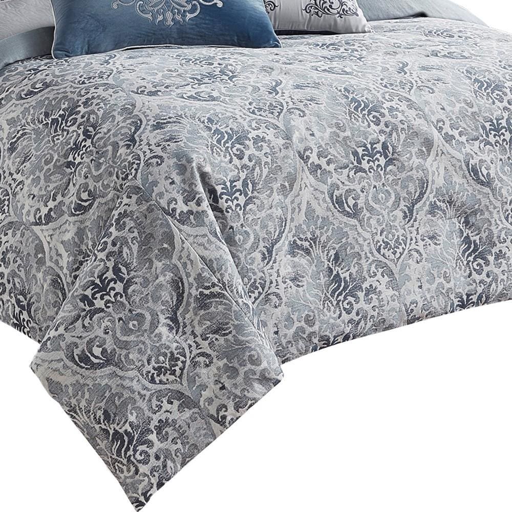 9 Piece Queen Polyester Comforter Set with Damask Prints Blue and Gray By Casagear Home BM227744