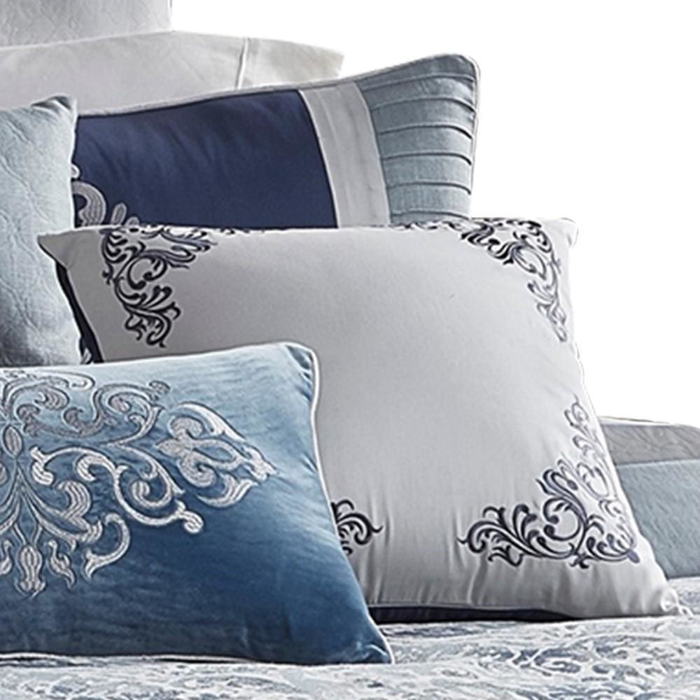 9 Piece Queen Polyester Comforter Set with Damask Prints Blue and Gray By Casagear Home BM227744