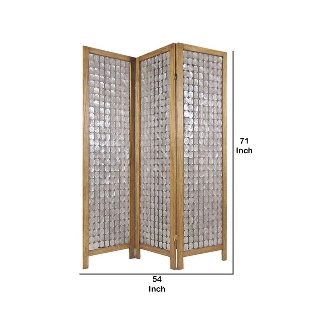 3 Panel Wooden Screen with Pearl Motif Accent Brown and Silver By Casagear Home BM228613