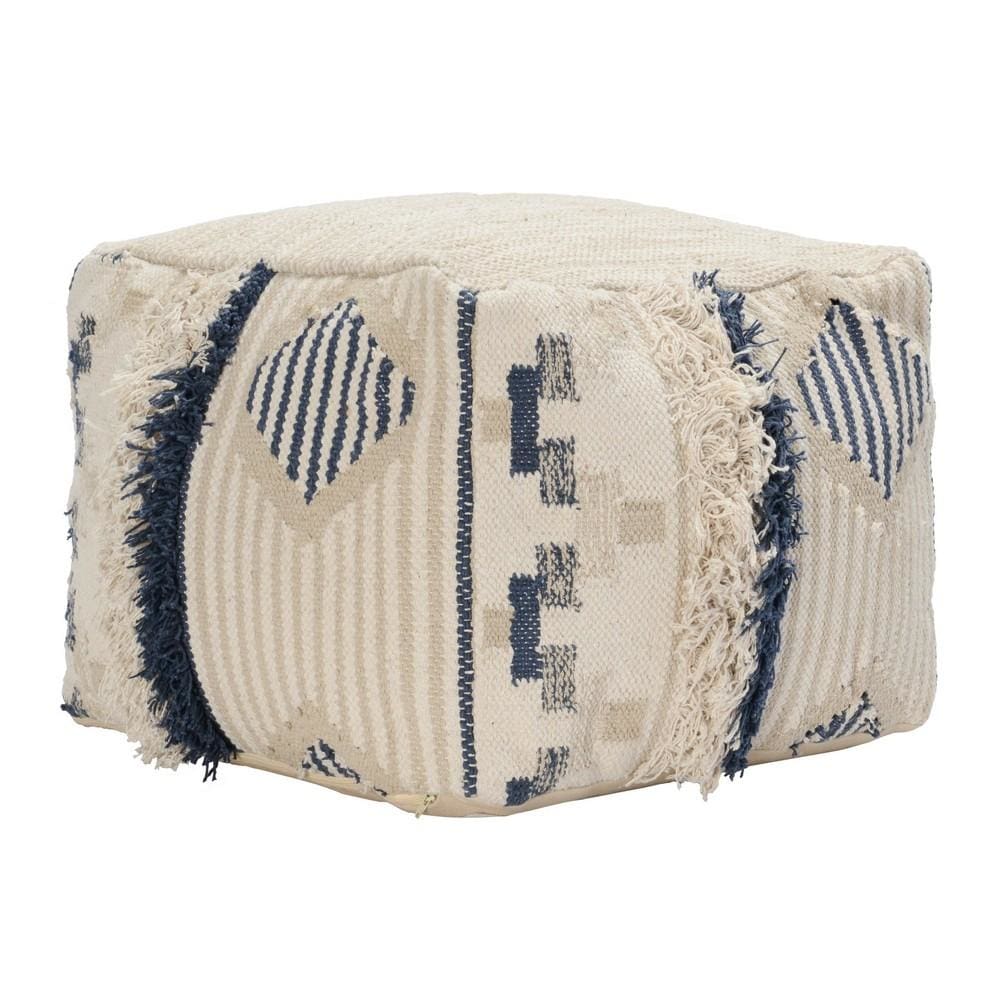 18 x 14" Woven Fabric Pouf Ottoman with Fringes, Cream & Blue By Casagear Home