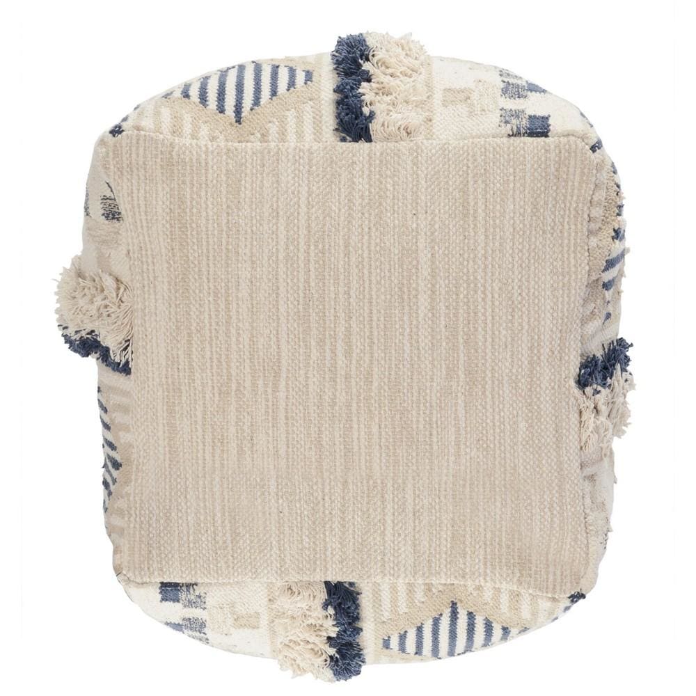 18 x 14 Woven Fabric Pouf Ottoman with Fringes Cream & Blue By Casagear Home BM228877