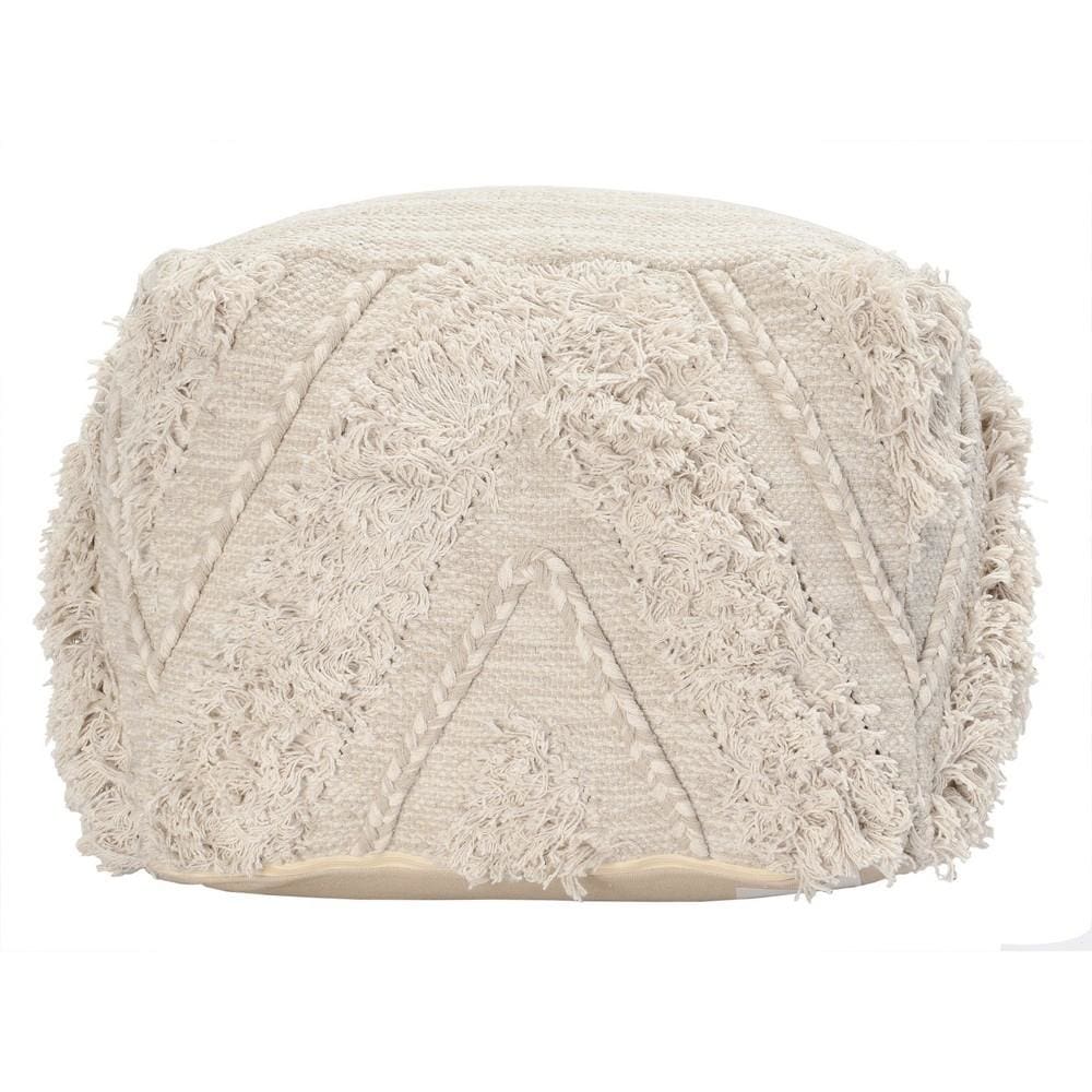 18 x 14 Woven Design Fabric Pouf Ottoman with Fringes,Cream By Casagear Home BM228878