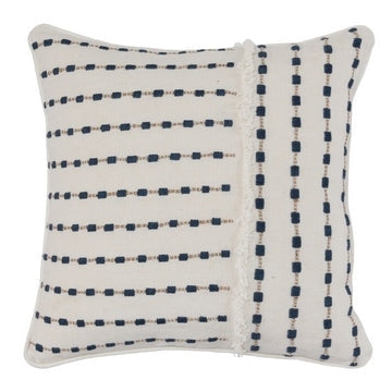 Fabric Throw Pillow with Embellished Handwoven Pattern, Beige and Blue By Casagear Home