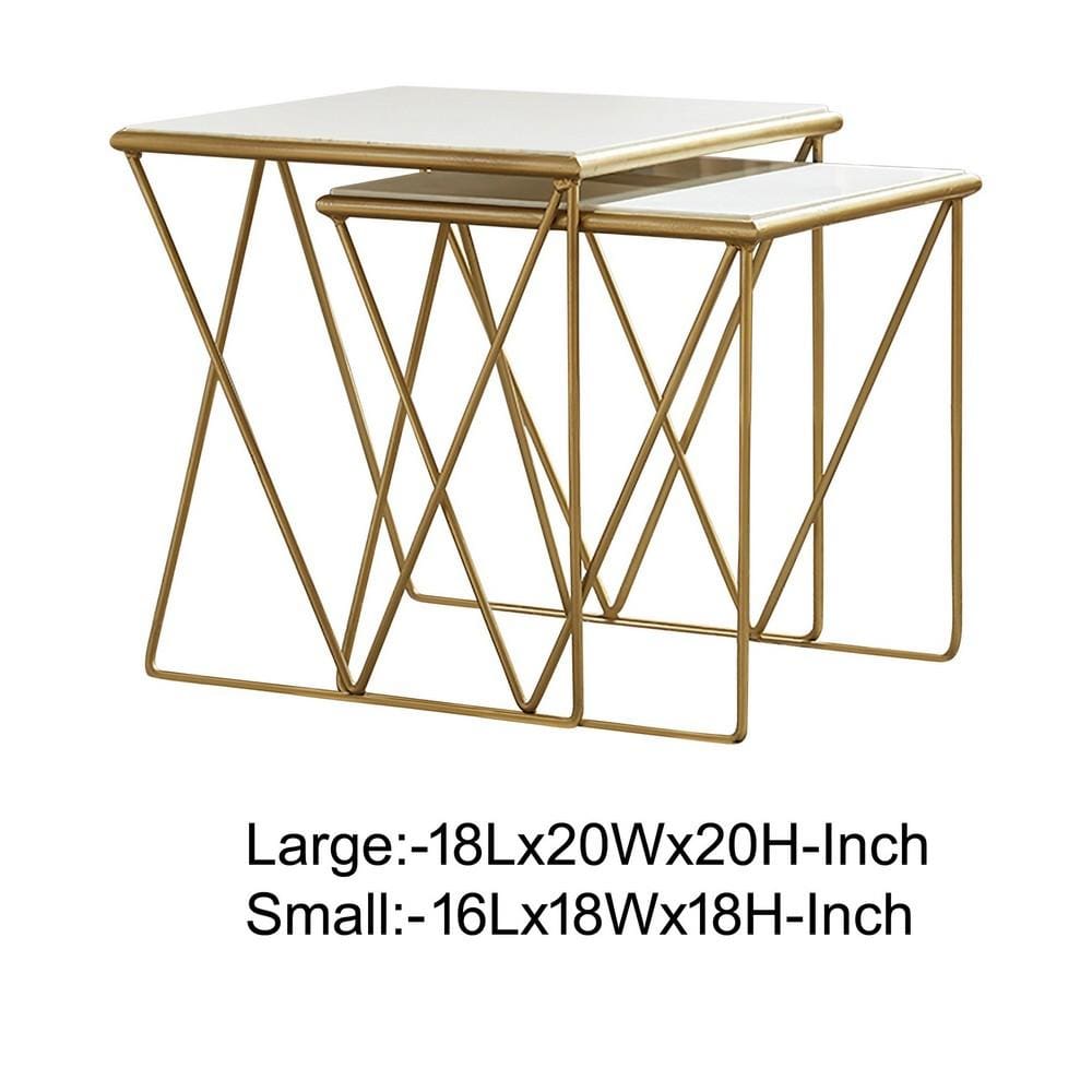 2 Piece Marble Top Nesting Table with Geometric Base White and Gold By Casagear Home BM230482