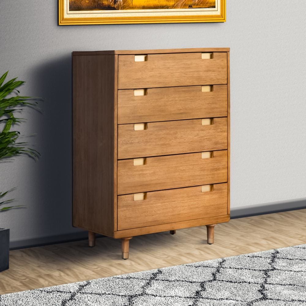 48 inch 5 Drawer Wooden Chest with Cutout Pulls, Brown by Casagear Home