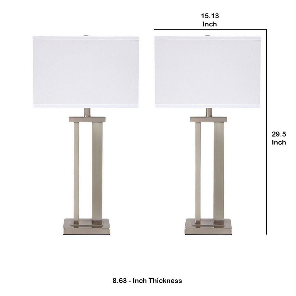 Metal Frame Hardback Table Lamp Set of 2 White & Silver By Casagear Home BM230954