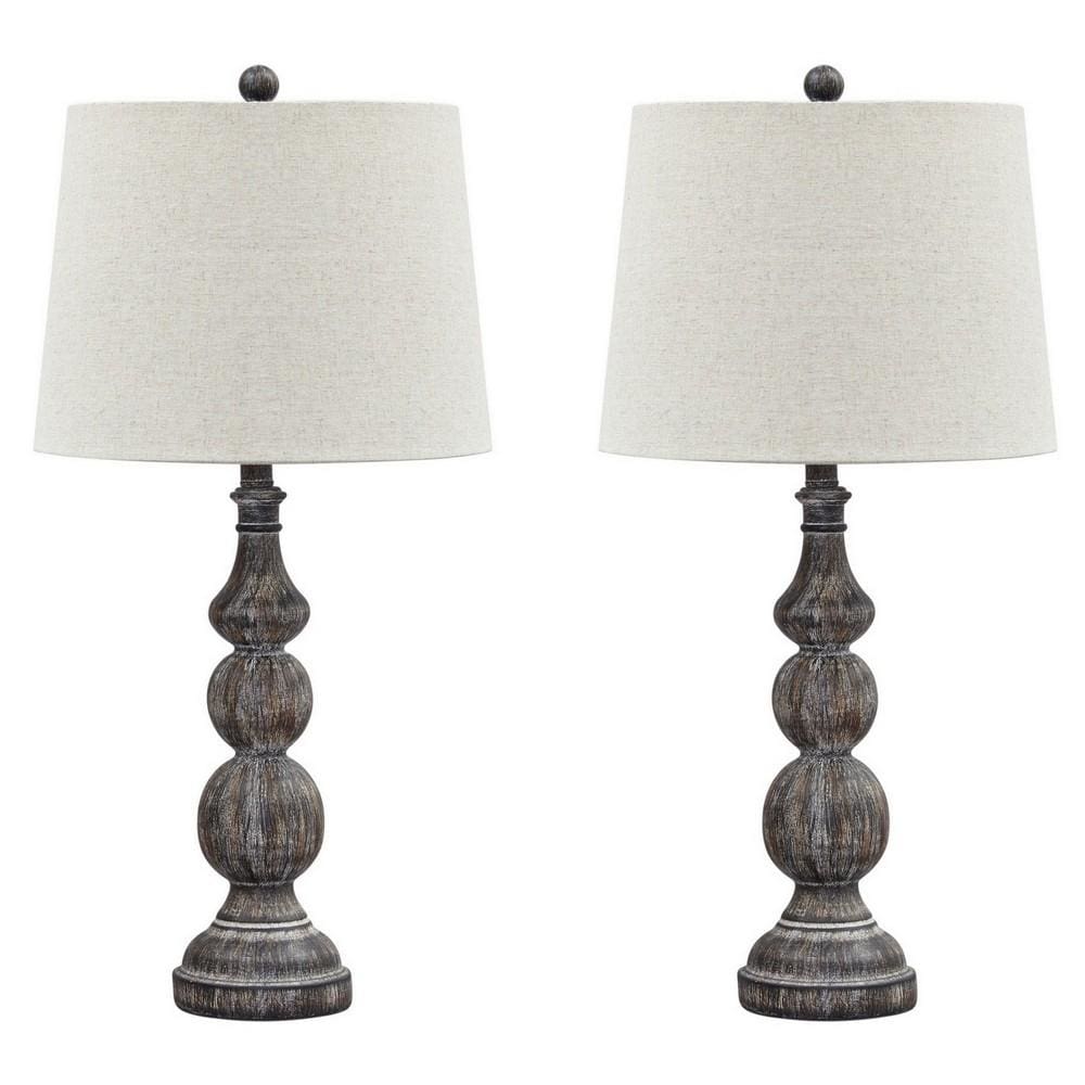 Polyresin Turned Base Table Lamp, Set of 2, Brown & Off White By Casagear Home