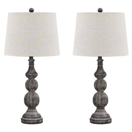 Polyresin Turned Base Table Lamp, Set of 2, Brown & Off White By Casagear Home