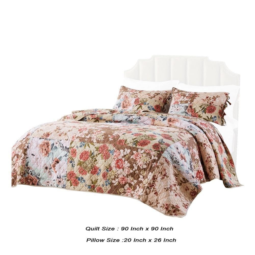 Rome 3 Piece Reversible Floral Print Queen Quilt Set Multicolor By Casagear Home BM231031