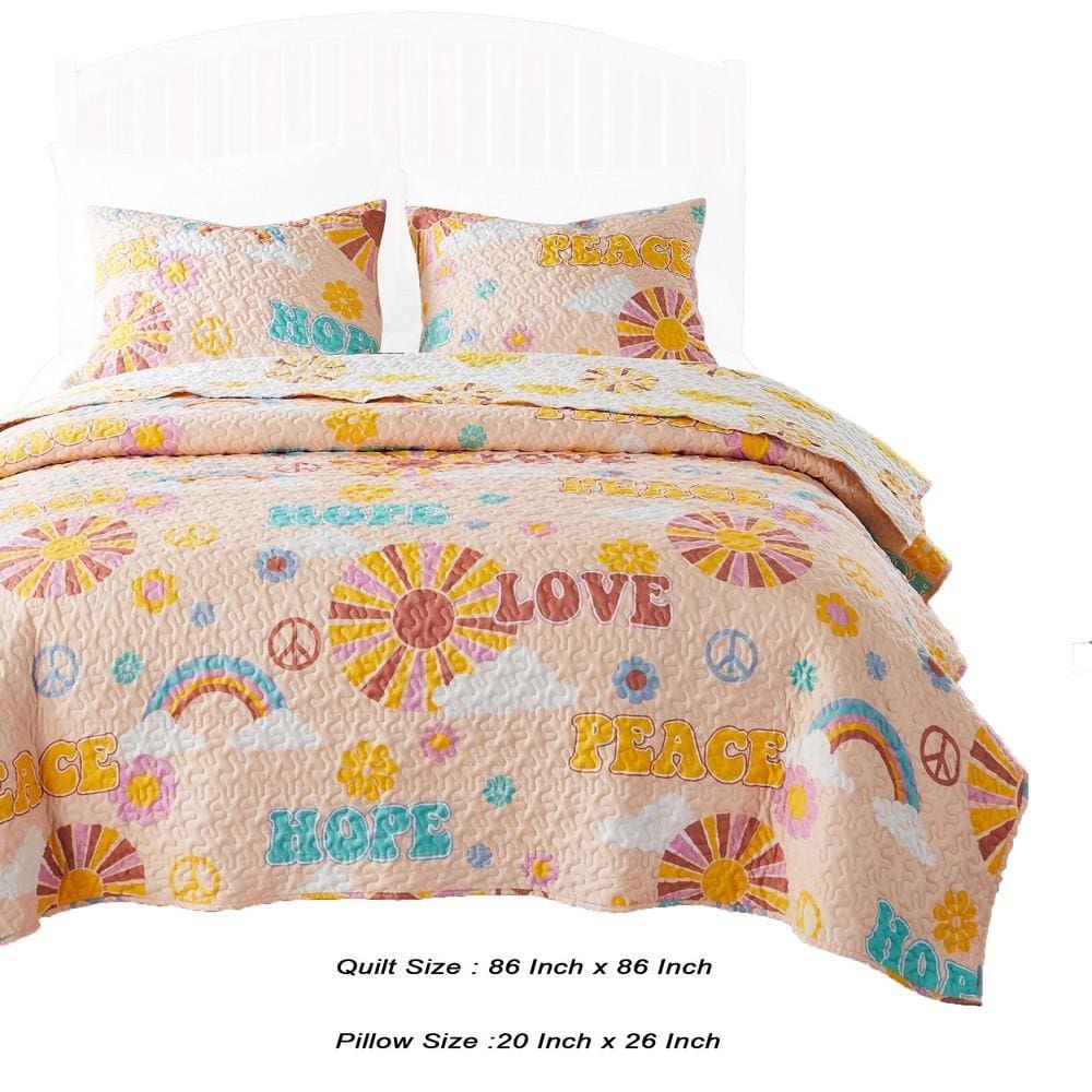 Berlin 3 Piece Rainbows and Clouds Print Queen Quilt Set Beige By Casagear Home BM231034