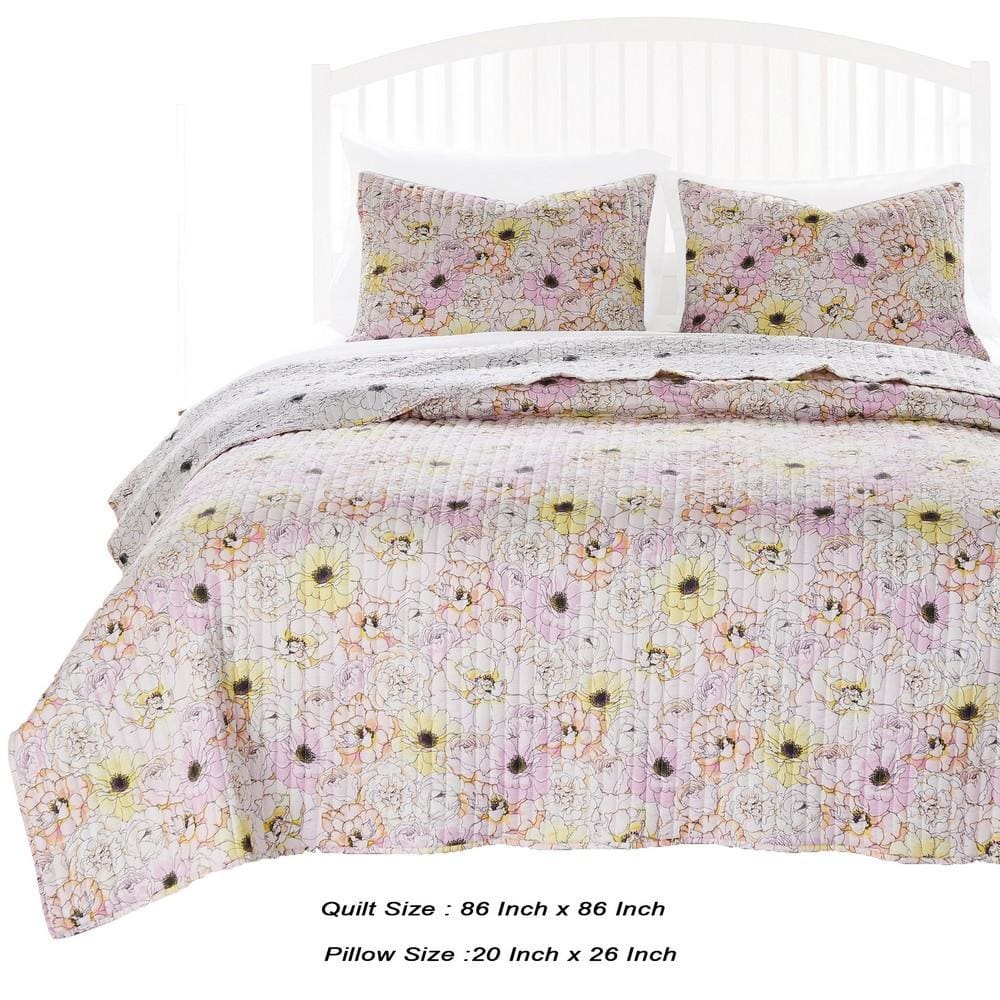 Milan 3 Piece Blooming Flowers Queen Quilt Set White and Pink By Casagear Home BM231048