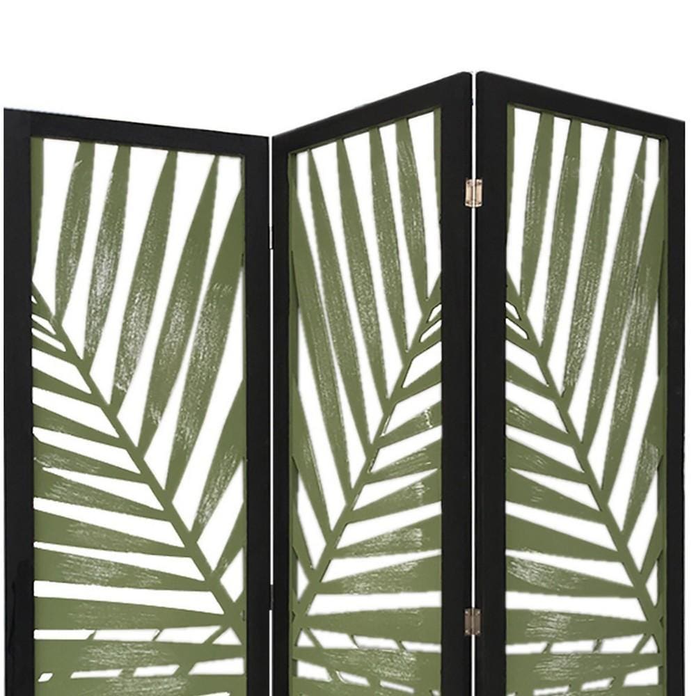 67 3 Panel Wood Screen with Leaf Design Green and Black By Casagear Home BM231308