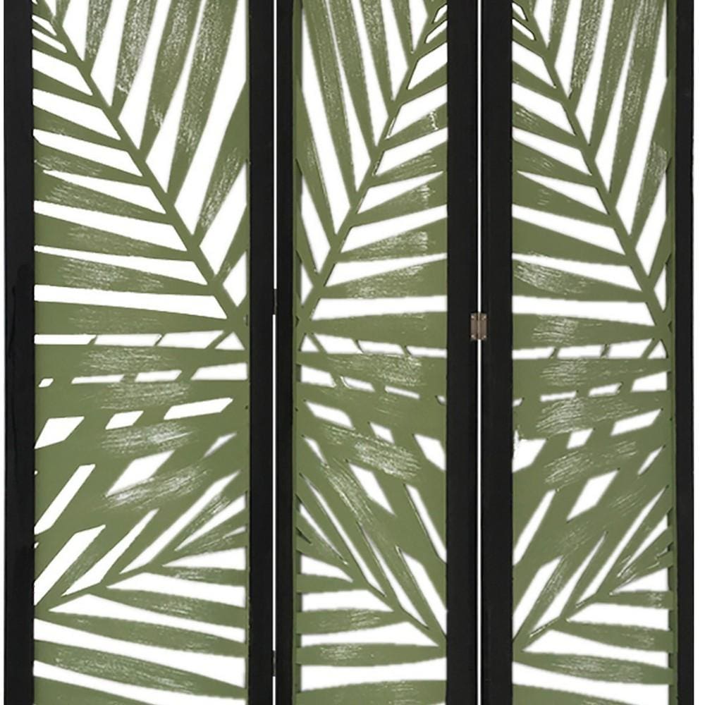 67 3 Panel Wood Screen with Leaf Design Green and Black By Casagear Home BM231308