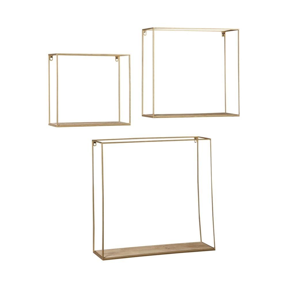 Metal Frame Wall Shelf with Keyhole Hanger, Set of 3, Gold By Casagear Home