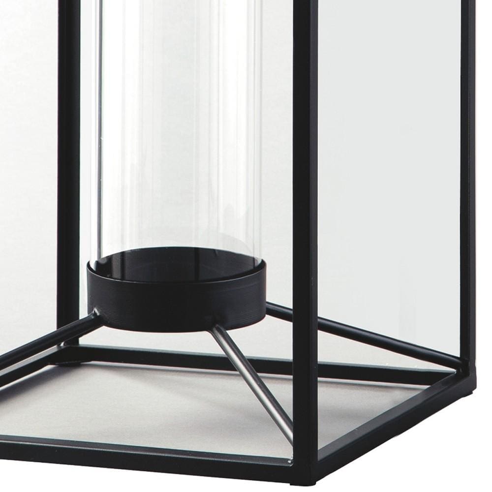 Metal Frame Lantern with Glass Hurricane Set of 2 Black By Casagear Home BM231424