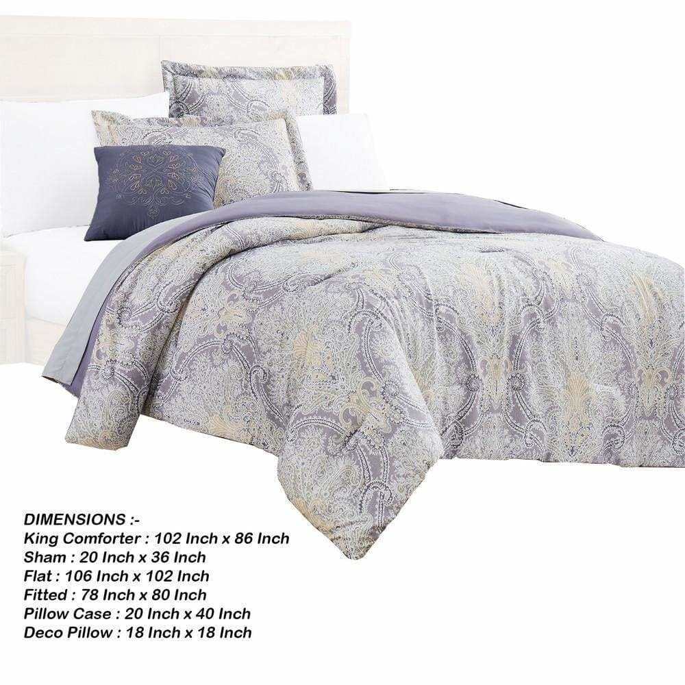 Chania 8 Piece King Bed Set with Paisley Print Purple and White By Casagear Home BM231763