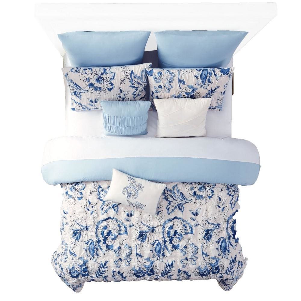 Corfu Floral Print 8 Piece King Comforter Set The Urban Port White and Blue By Casagear Home BM231787