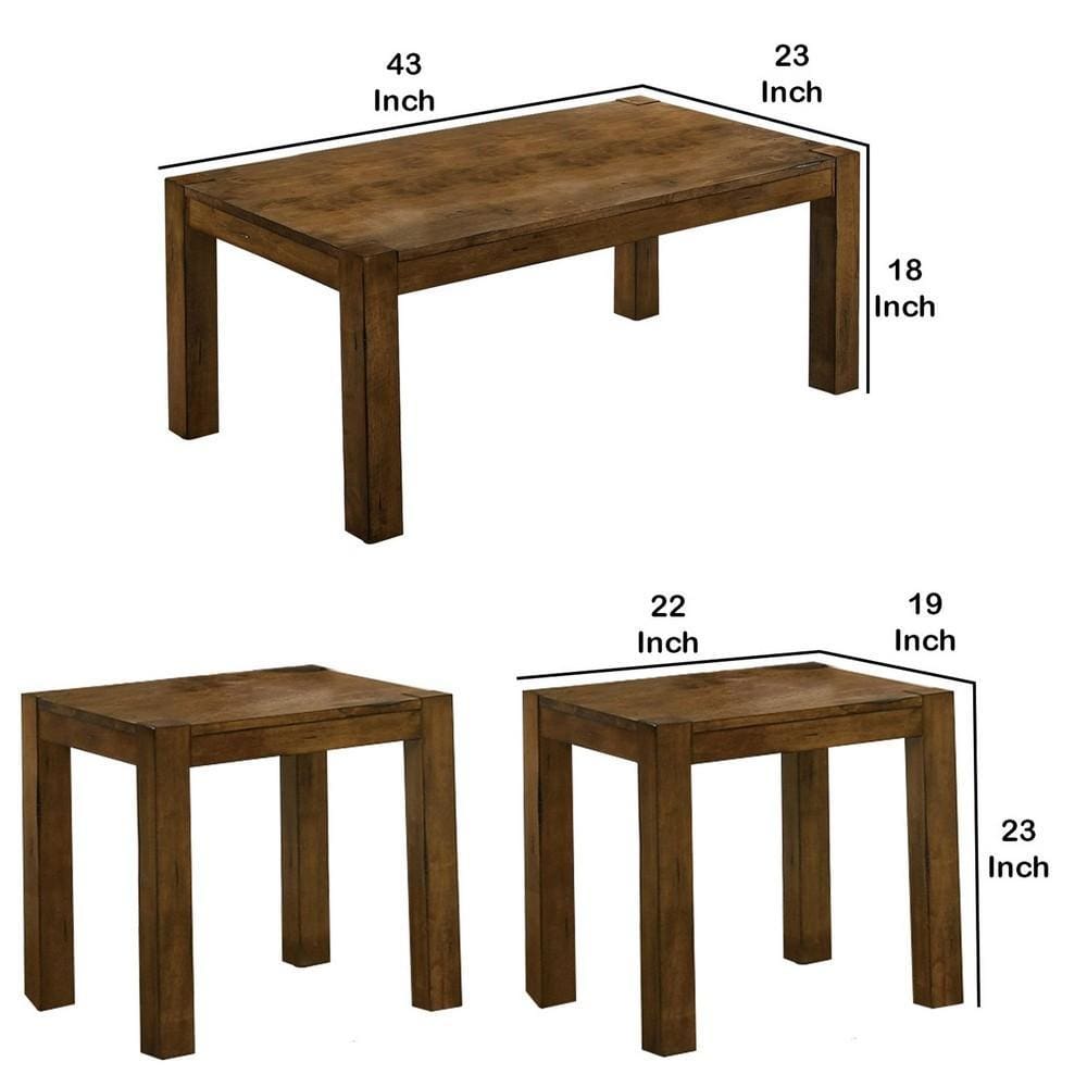 3 Piece Wooden Coffee Table and End Table with Block Legs Brown By Casagear Home BM231858