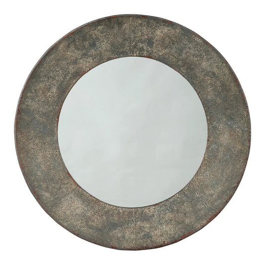 30.25 Inches Round Metal Encased Accent Mirror, Distressed Gray By Casagear Home