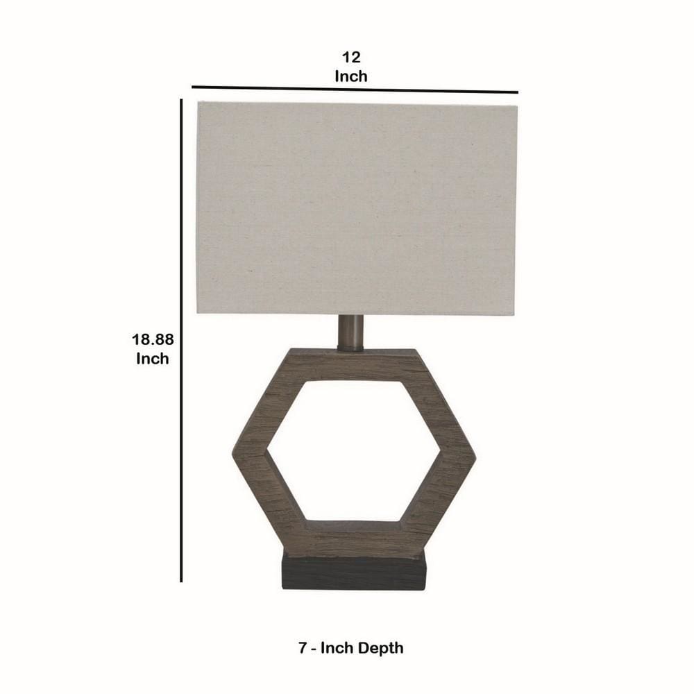 Hexagonal Wooden Base Table Lamp with rectangular Shade Brown and Gray By Casagear Home BM231955