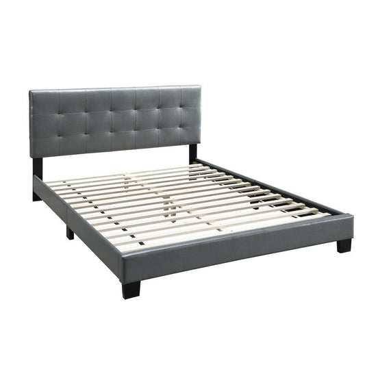 Queen Leatherette Bed with Checkered Tufted Headboard, Gray By Casagear Home