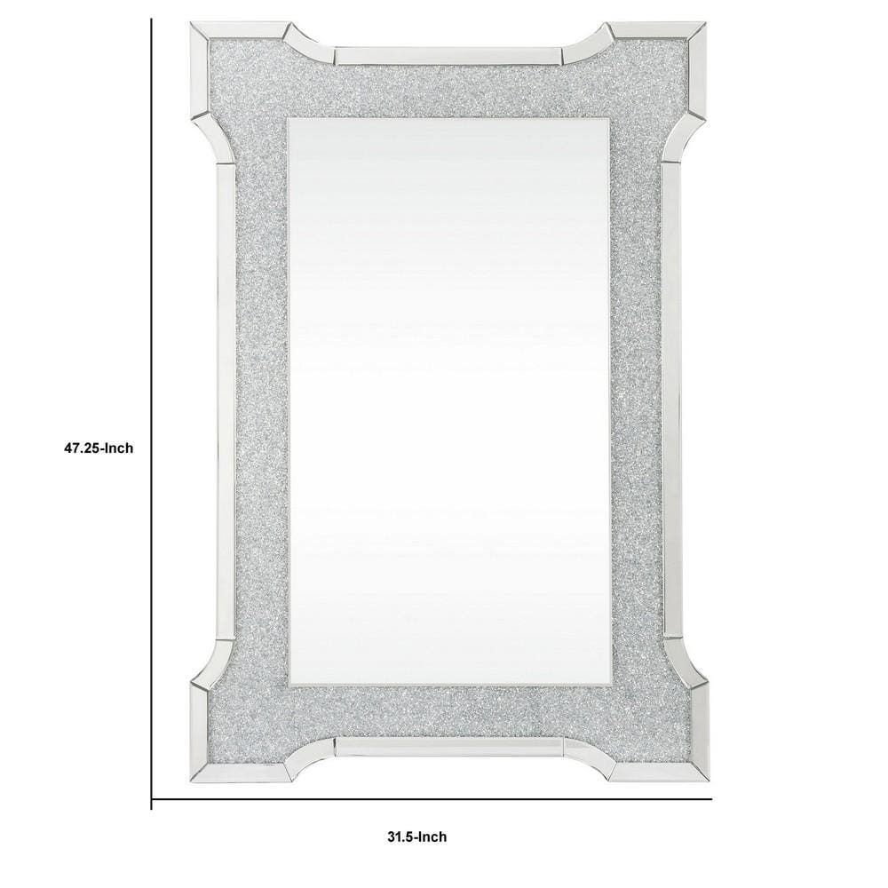 Rectangular Beveled Wall Mirror with Faux Diamond Inlays Silver By Casagear Home BM232514