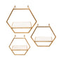 Hexagon Shaped Metal and Wooden Shelf, Set of 3, Gold By Casagear Home