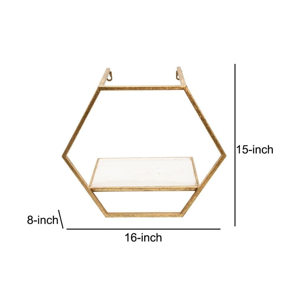 Hexagon Shaped Metal and Wooden Shelf Set of 3 Gold By Casagear Home BM232719