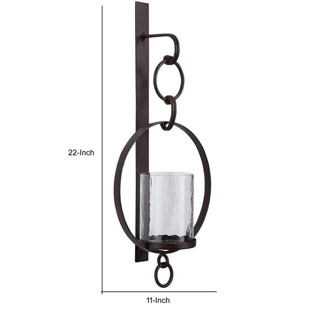 Metal Wall Sconce with Glass Hurricane and Chain Design Holder Black By Casagear Home BM232919