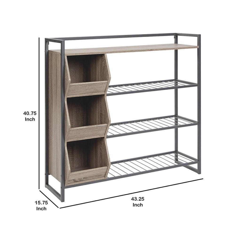 43.25 Inches 3 Cubby Shoe Rack with 4 Shelves Brown and Gray By Casagear Home BM232946