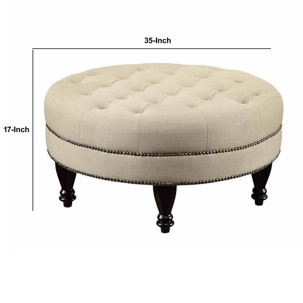 Round Shaped Fabric Ottoman with Nailhead Trim Gray By Casagear Home BM233231