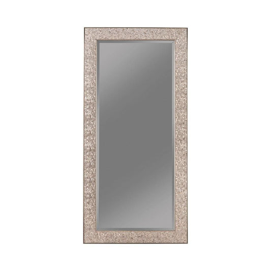 Rectangular Beveled Accent Floor Mirror with Glitter Mosaic Pattern, Silver By Casagear Home