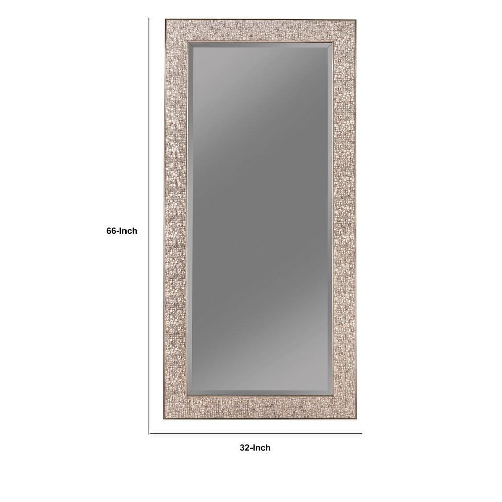 Rectangular Beveled Accent Floor Mirror with Glitter Mosaic Pattern Silver By Casagear Home BM233237