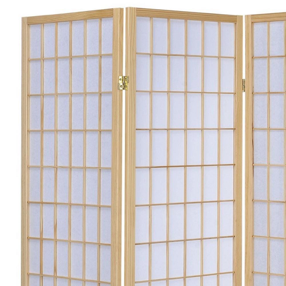 3 Panel Foldable Wooden Frame Room Divider with Grid Design Brown By Casagear Home BM233240