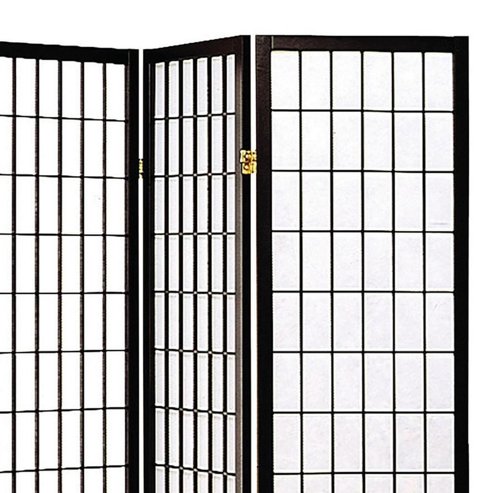 4 Panel Foldable Wooden Frame Room Divider with Grid Design Black By Casagear Home BM233241