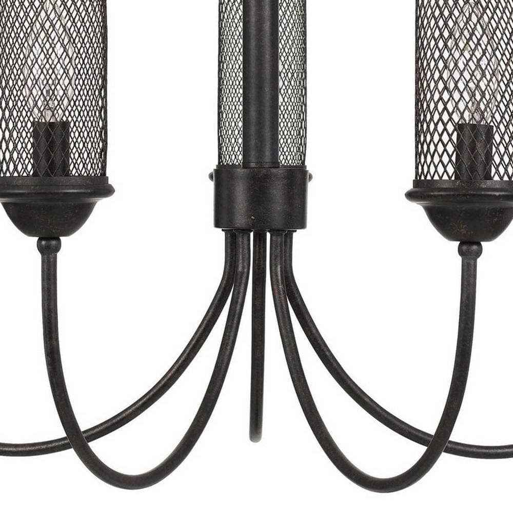 Metal Chandelier with 5 Cylindrical Wire Mesh Shades Black By Casagear Home BM233272