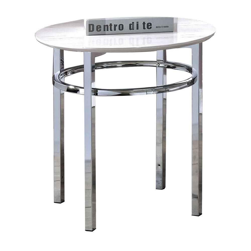 23 Inch Round Faux Marble Top End Table, White and Chrome By Casagear Home