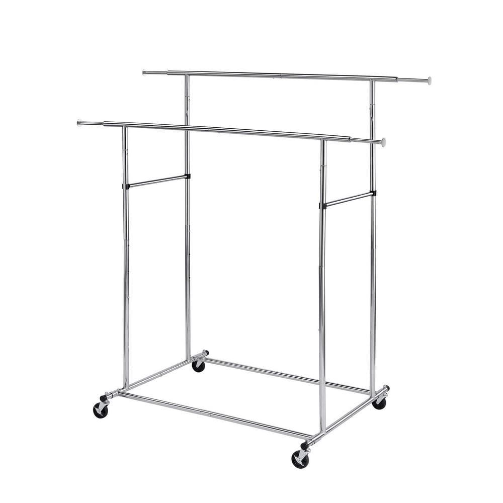 Dual Bar Tubular Metal Frame Garment Rack with Casters, Chrome By Casagear Home