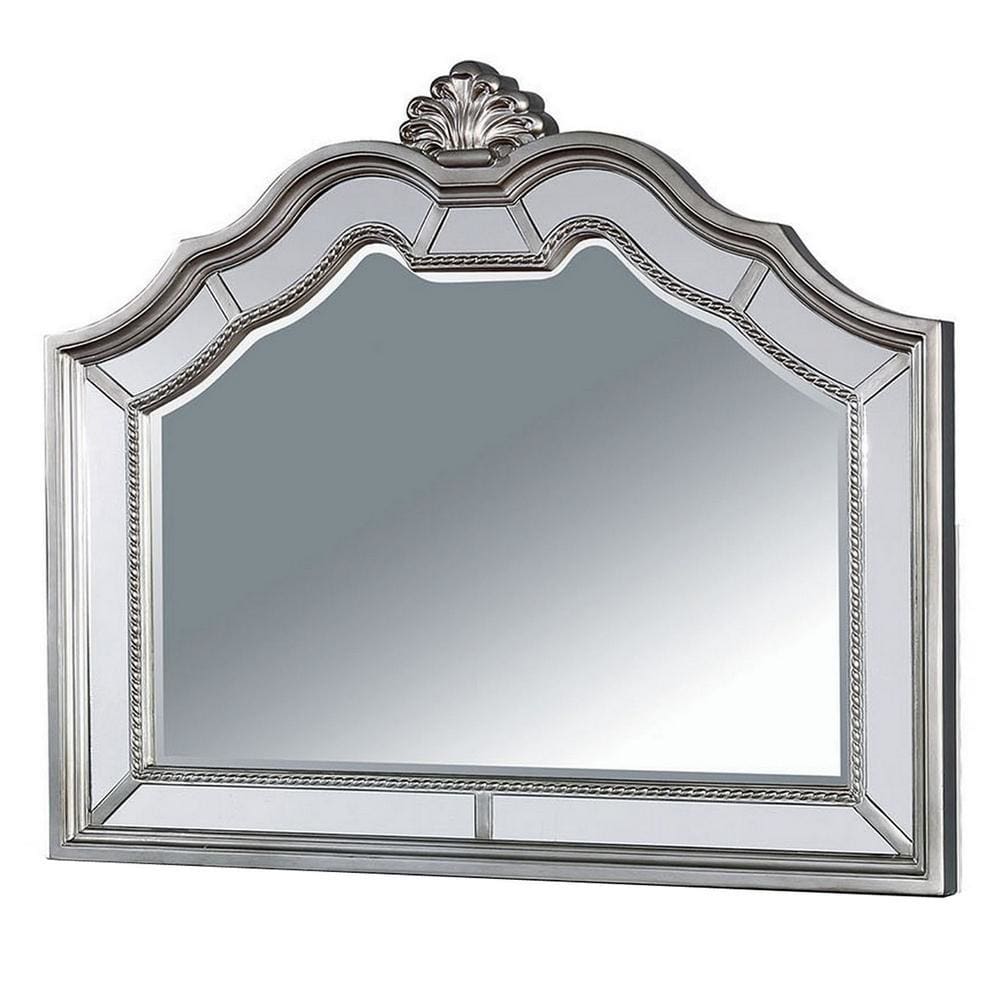 Molded Wooden Frame Mirror with Sculpted Top and Floral Accent, Silver - BM237150 By Casagear Home