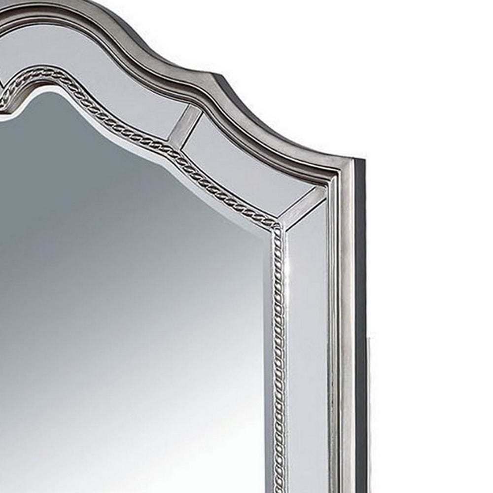 Molded Wooden Frame Mirror with Sculpted Top and Floral Accent Silver - BM237150 By Casagear Home BM237150