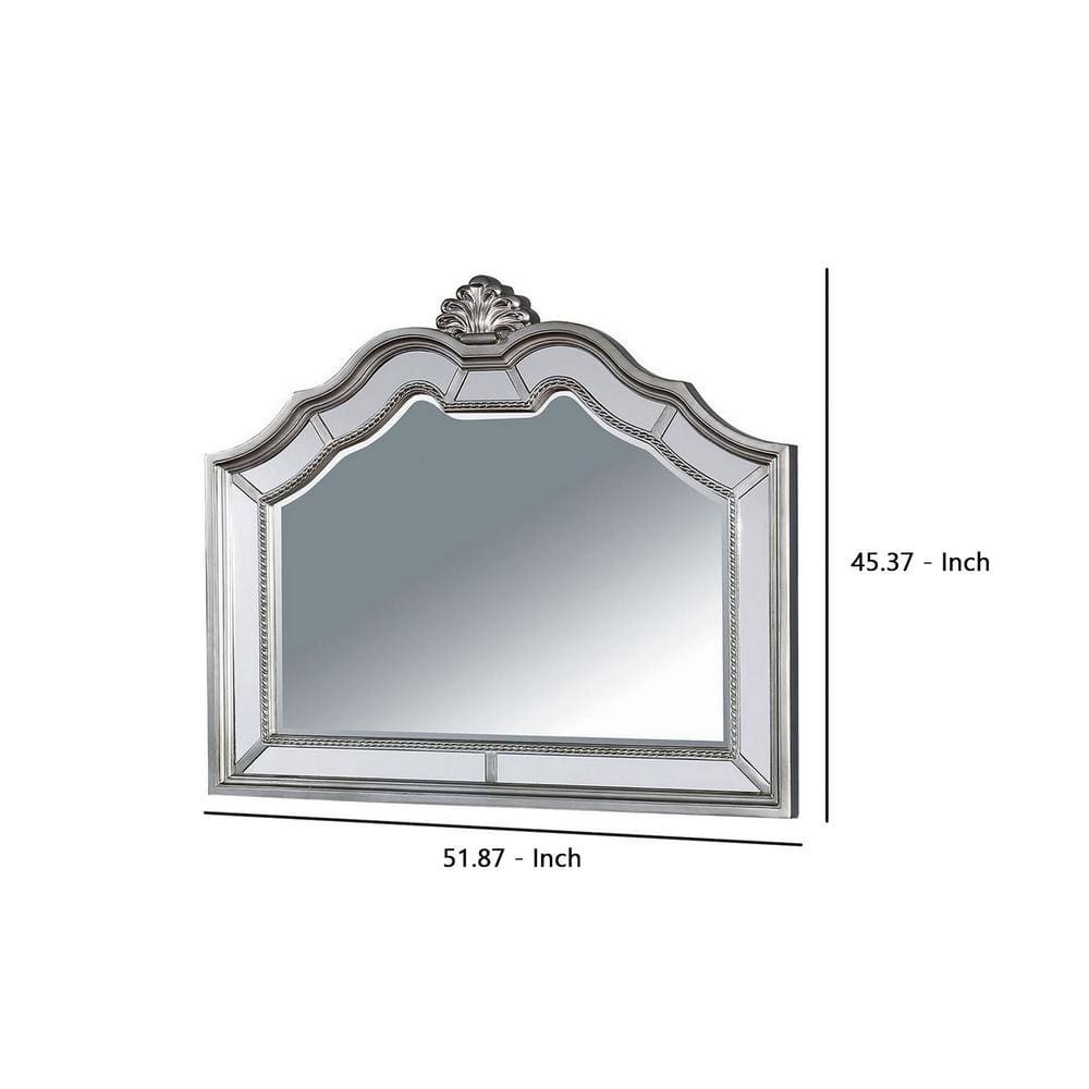 Molded Wooden Frame Mirror with Sculpted Top and Floral Accent Silver - BM237150 By Casagear Home BM237150