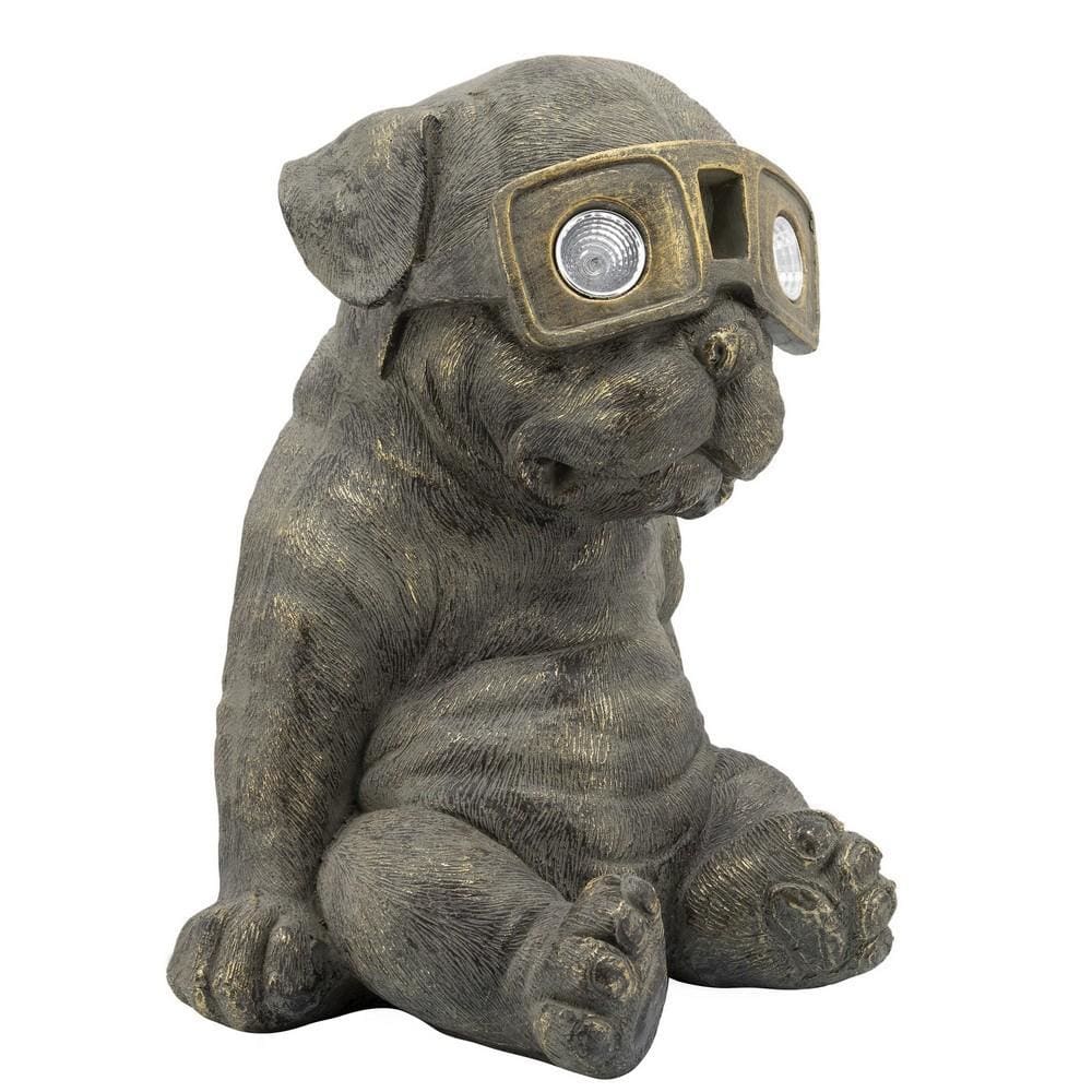 15 Inches Resin Slouching Dog Accent Decor with Solar Glasses Antique Gold By Casagear Home BM238228