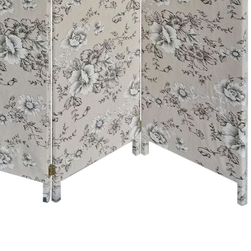 71 Inch 3 Panel Fabric Room Divider with Floral Print Gray - BM238281 By Casagear Home BM238281