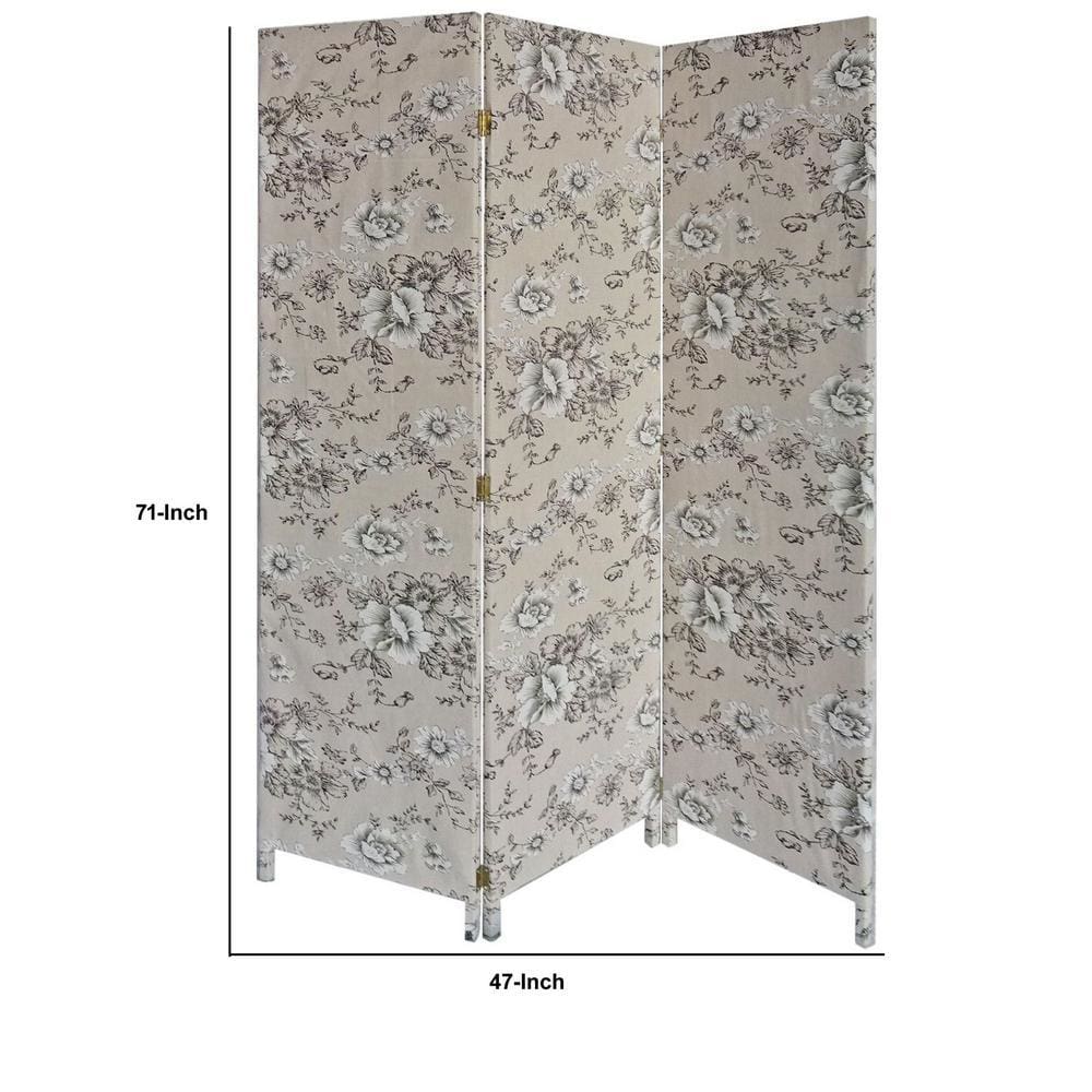 71 Inch 3 Panel Fabric Room Divider with Floral Print Gray - BM238281 By Casagear Home BM238281