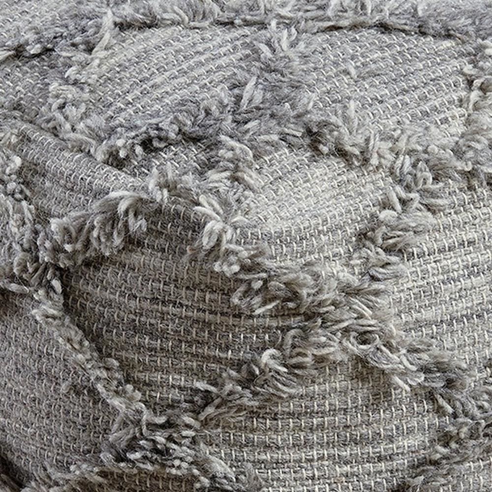 16 Inches Woolen Pouf with Hand Woven Diamond Fringe Gray - BM238353 By Casagear Home BM238353