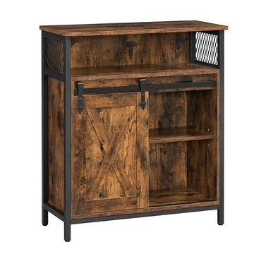 32 Inch Industrial Sideboard Buffet Cabinet, Barn Sliding Door, Rustic Brown, Black By Casagear Home