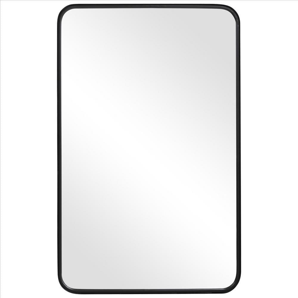 38 Inches Rectangular Metal Wall Mirror with Curved Corners, Black By Casagear Home