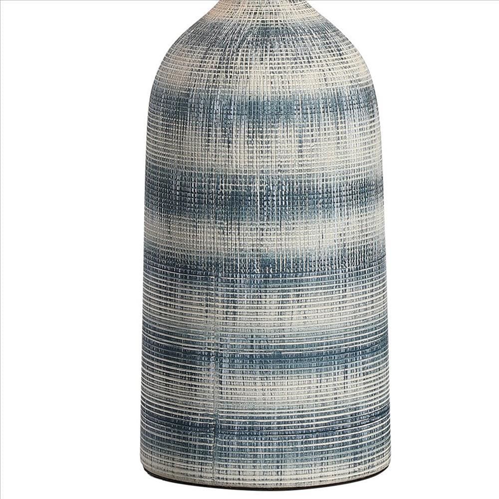 Bottle Shape Ceramic Table Lamp with Textured Lines Blue By Casagear Home BM239395