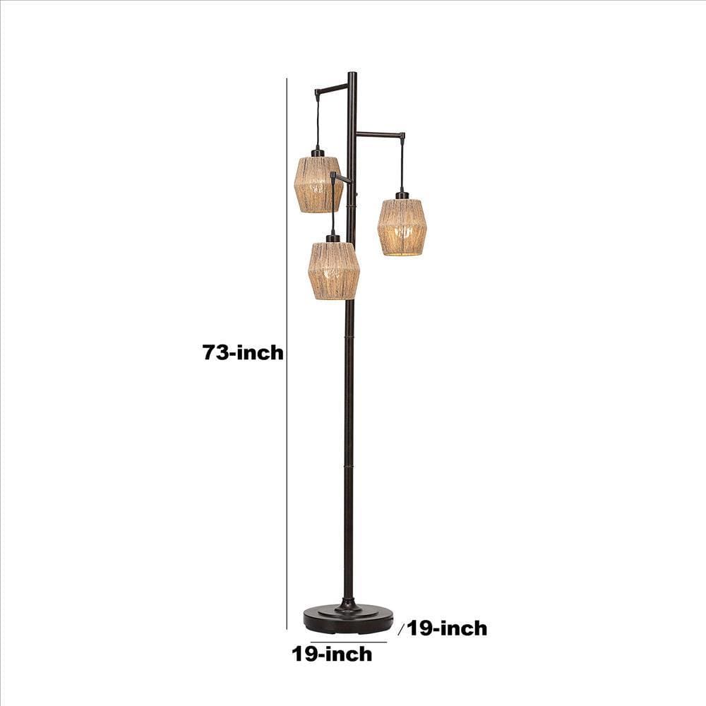 Stalk Design Metal Floor Lamp with 3 Hanging Rope Shade Bronze By Casagear Home BM239418