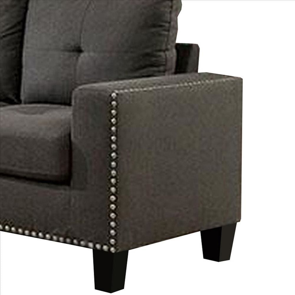 Fabric Upholstered Loveseat with Track Arms and Nailhead Trim Dark Gray By Casagear Home BM239783